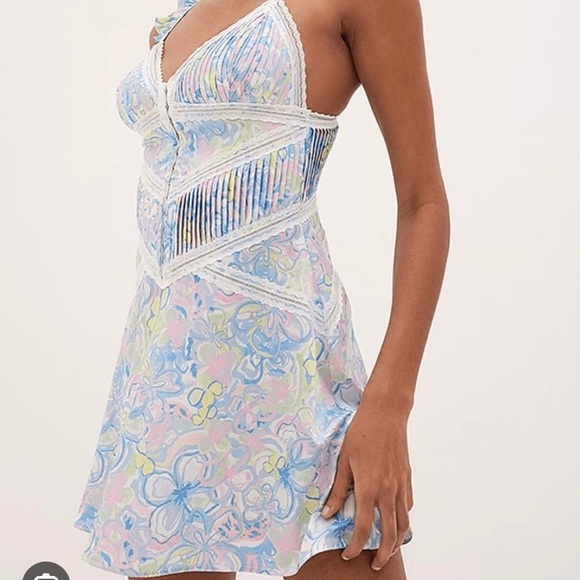 For Love & Lemons Sun Dress Sz XL Blue Floral Midsummer Flutter Straps Retro NWT - Picture 2 of 13
